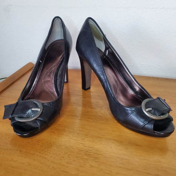 Tahari | Brigitte Black Buckle Peep Toe High Heels | Size 10 - Picture 2 of 12